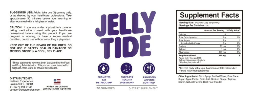 Jelly Tide gummies supplement facts label with ingredients and suggested use