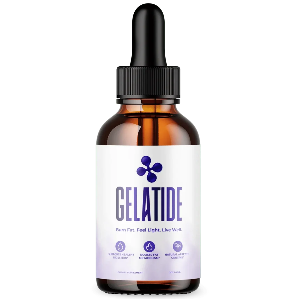 Single Gelatide supplement bottle with purple and white label on a transparent background
