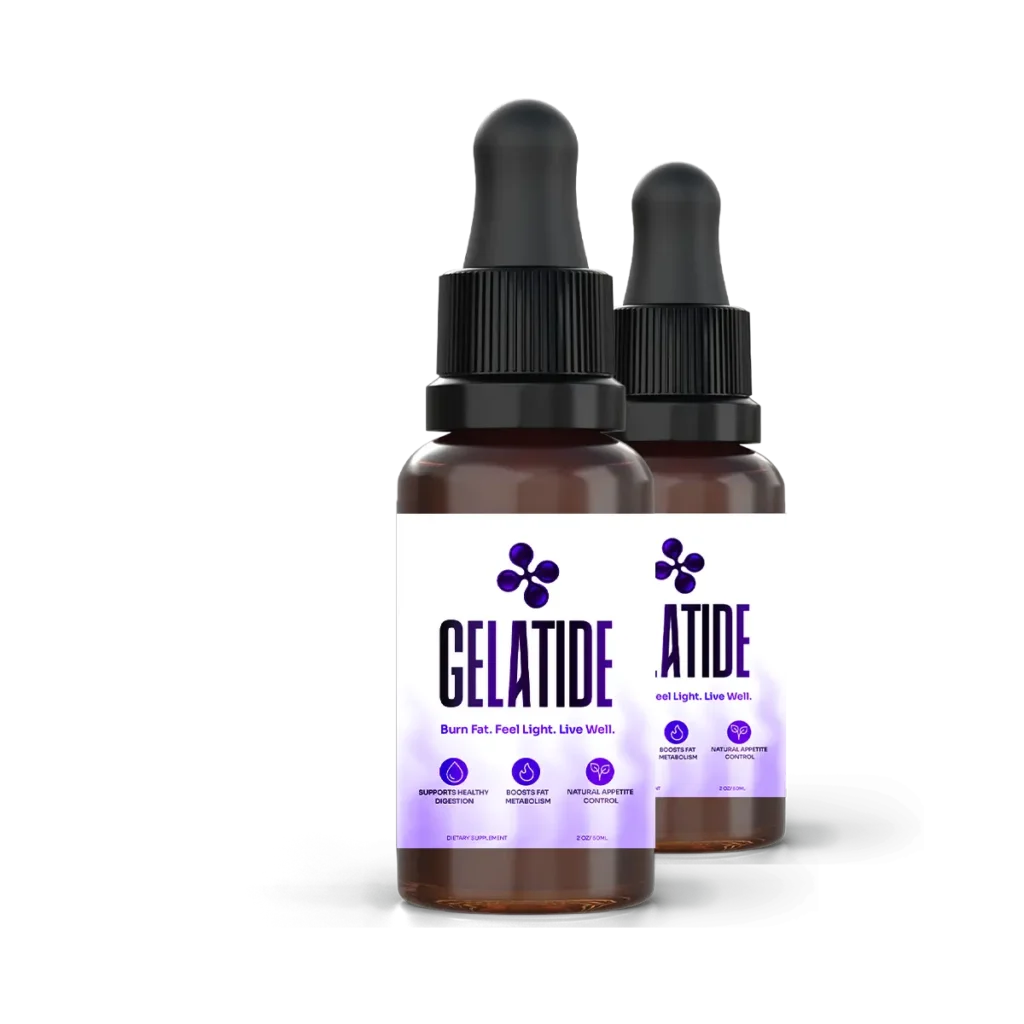 Two Gelatide supplement bottles with purple and white labels on a transparent background