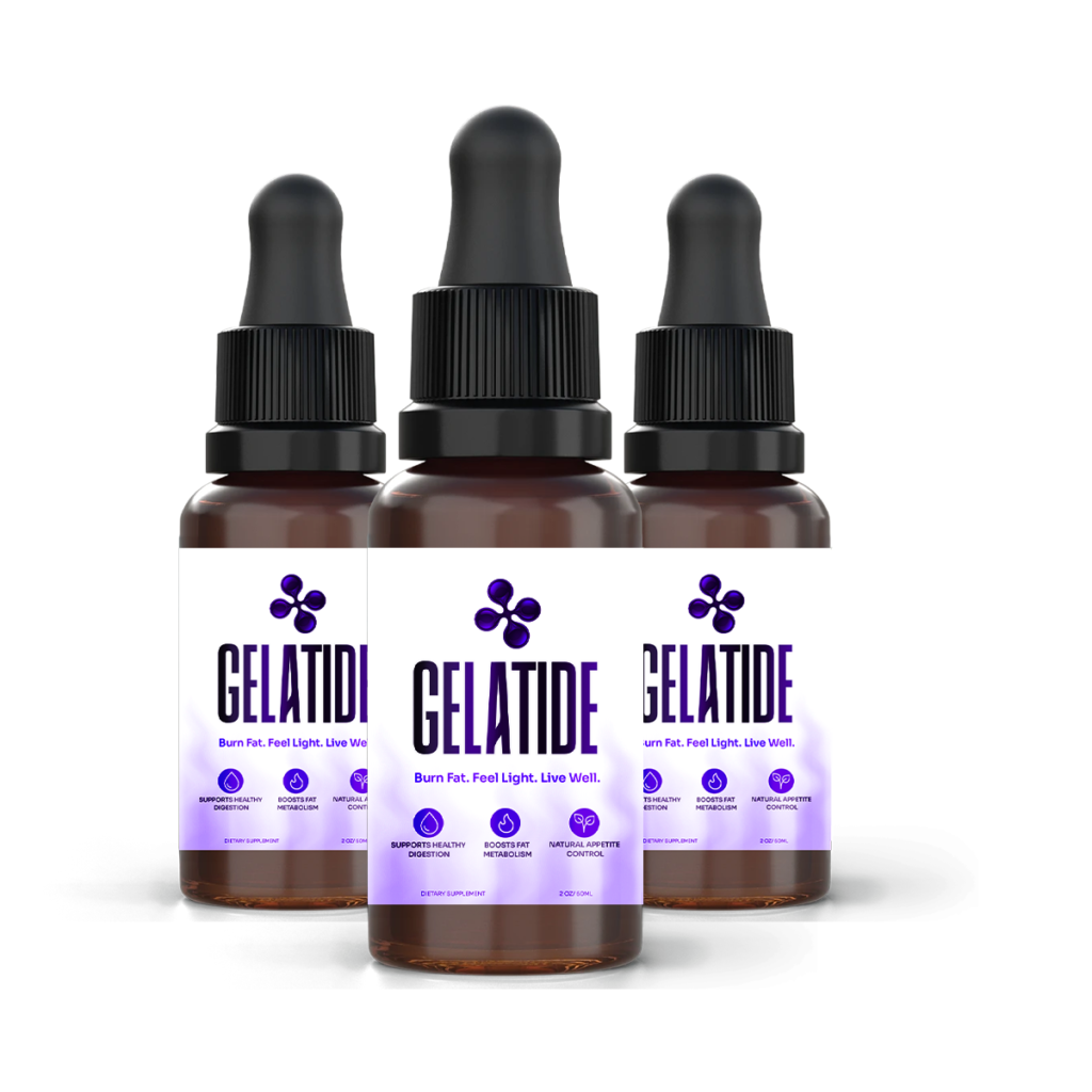 Gelatide supplement bottles with purple and white labels on a transparent background