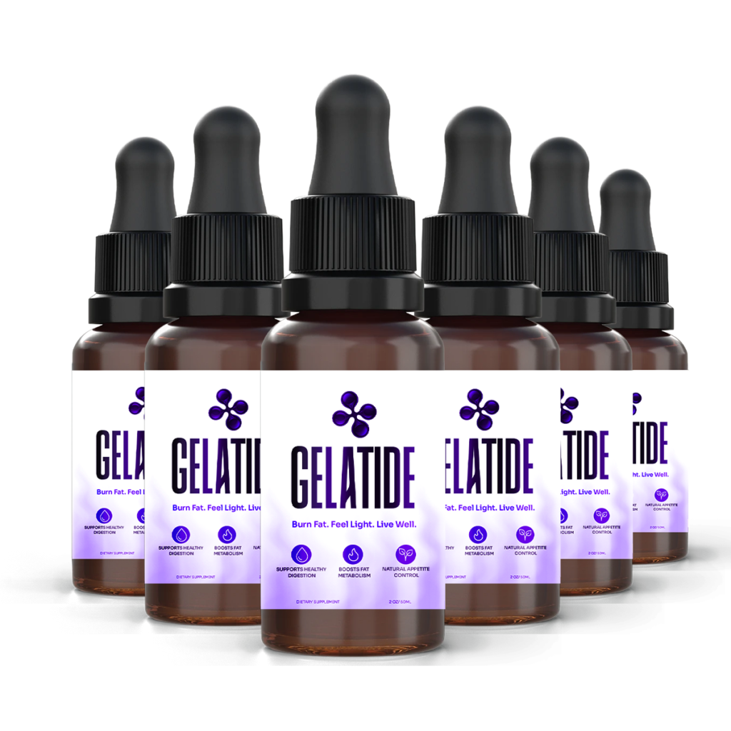 Gelatide supplement bottles with purple and white labels on a transparent background
