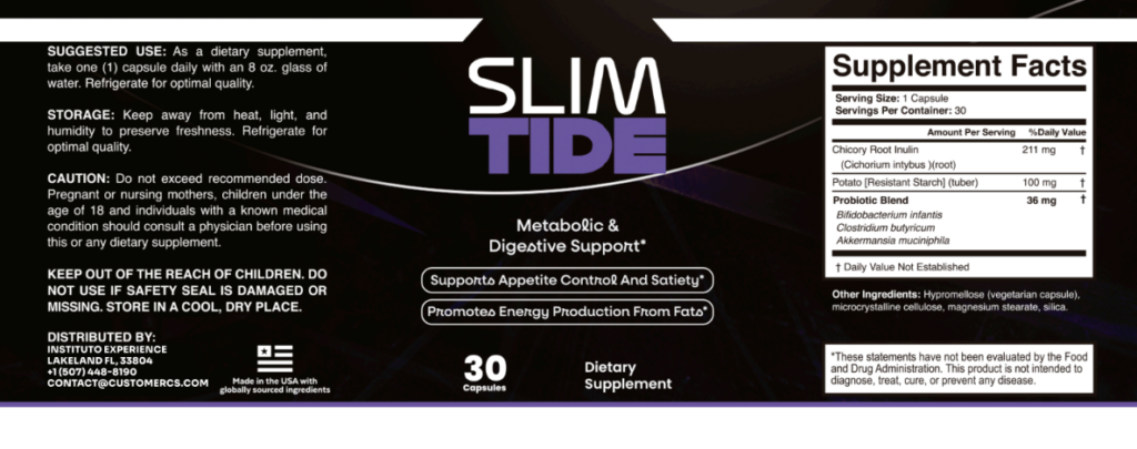 SlimTide supplement facts label – 30 capsules metabolic and digestive support